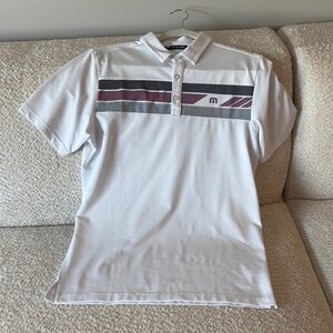 Travis Mathew White and Gray Polo Shirt with Sporty Stripes